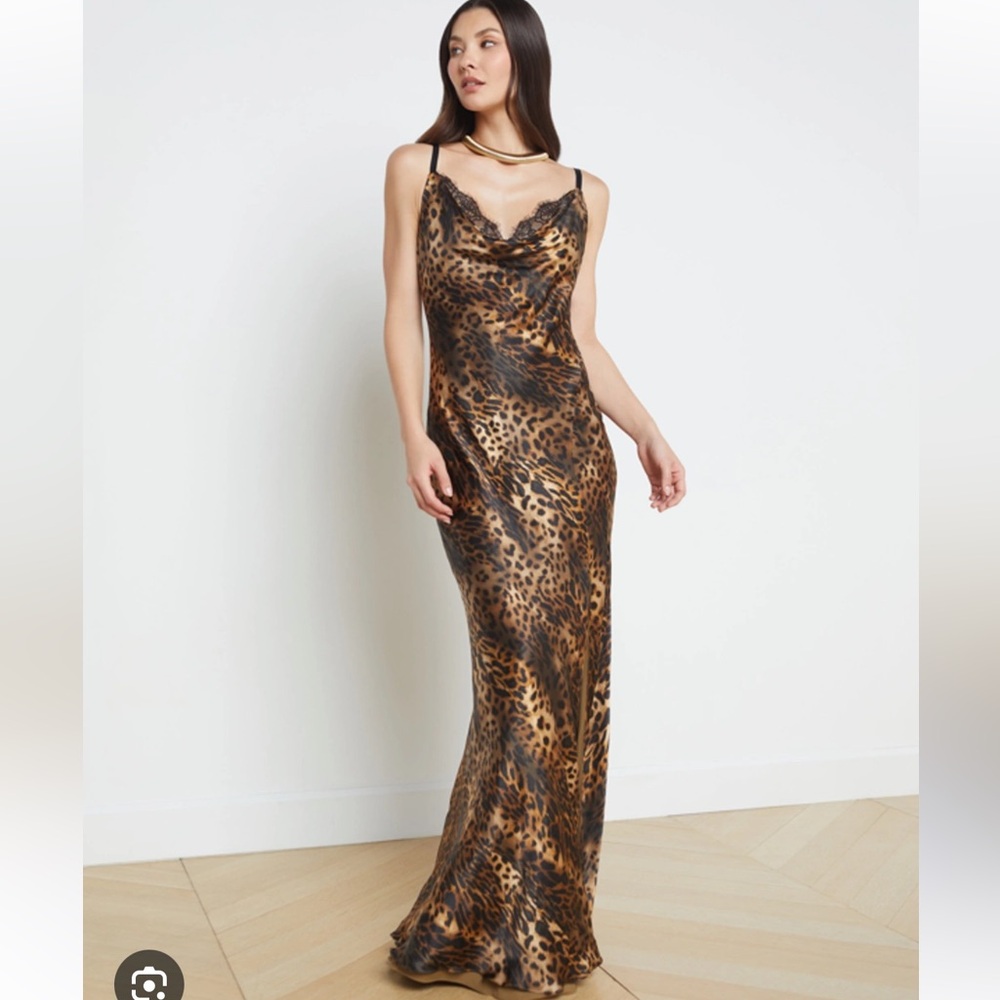 L'AGENCE Leopard Print Slip Maxi Dress in Brown and Black